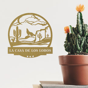 monogram metal gift Desert Cactus with Wolf Customizable Metal Sign