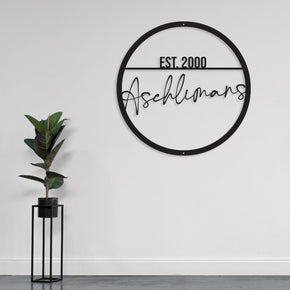 monogram metal gift Name Script w Est Date Metal Circle Customizable Sign