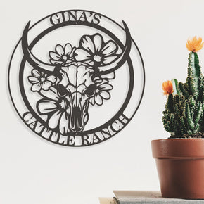 monogram metal gift Ranch Life- Steer Skull with Flowers Custom Metal Sign