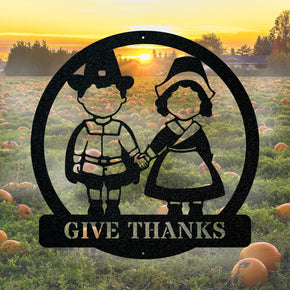 monogram metal gift Thanksgiving Pilgrim Couple Metal Sign Decor