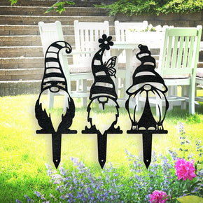Garden Striped Hat Gnome Set - 3 Metal Yard Signs